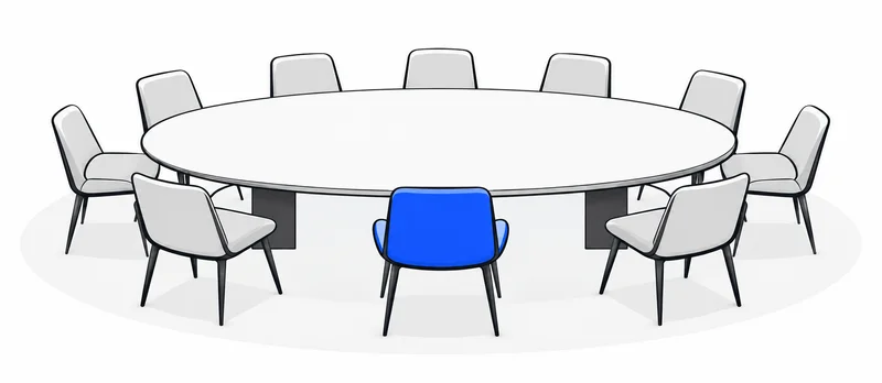 Ten chairs around a table, including the signature blue chair.