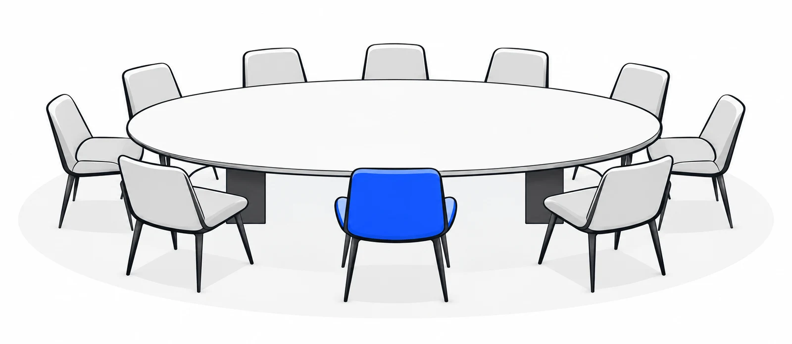 An oval table surrounded by ten chairs, with one blue chair at the front.